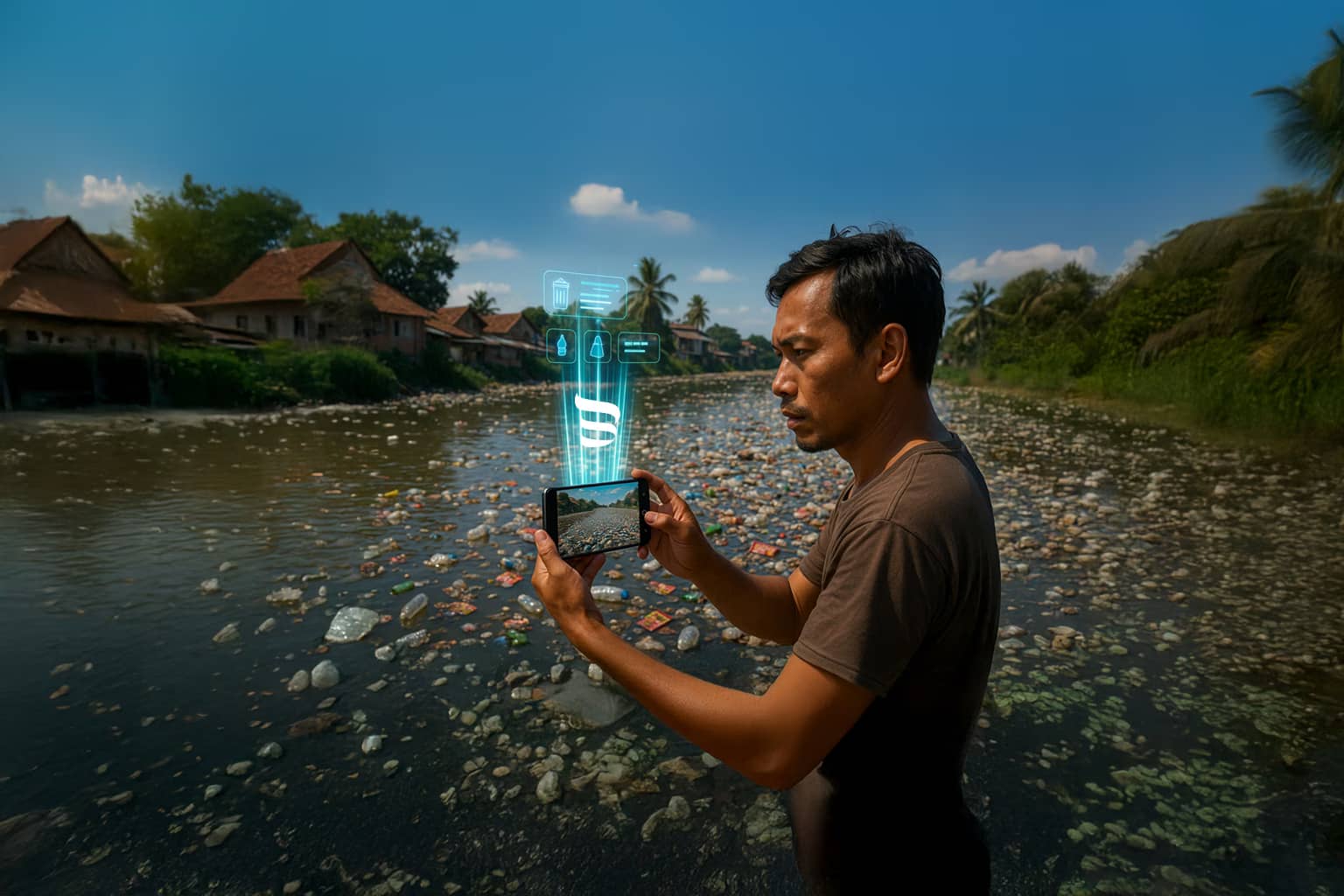 Man scanning trash in a polluted river with Nusabin application