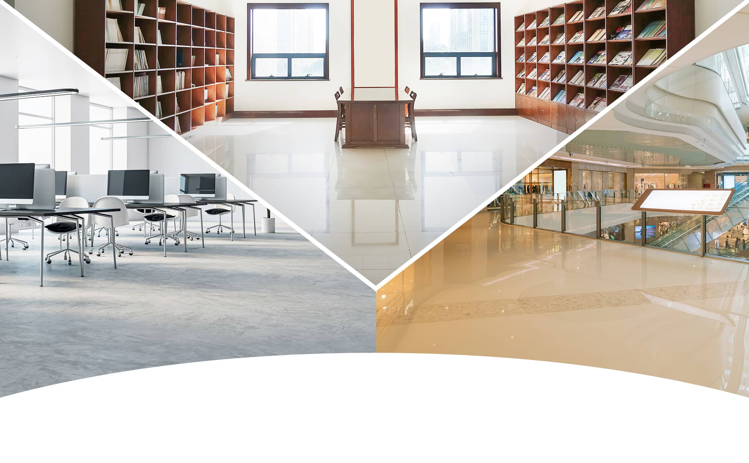 Background collage showing an office, campus, and shopping center representing diverse installation places