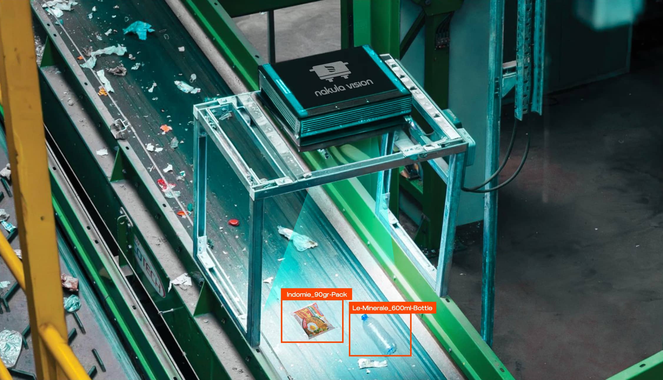 Nakula AI detecting waste items on a conveyor belt