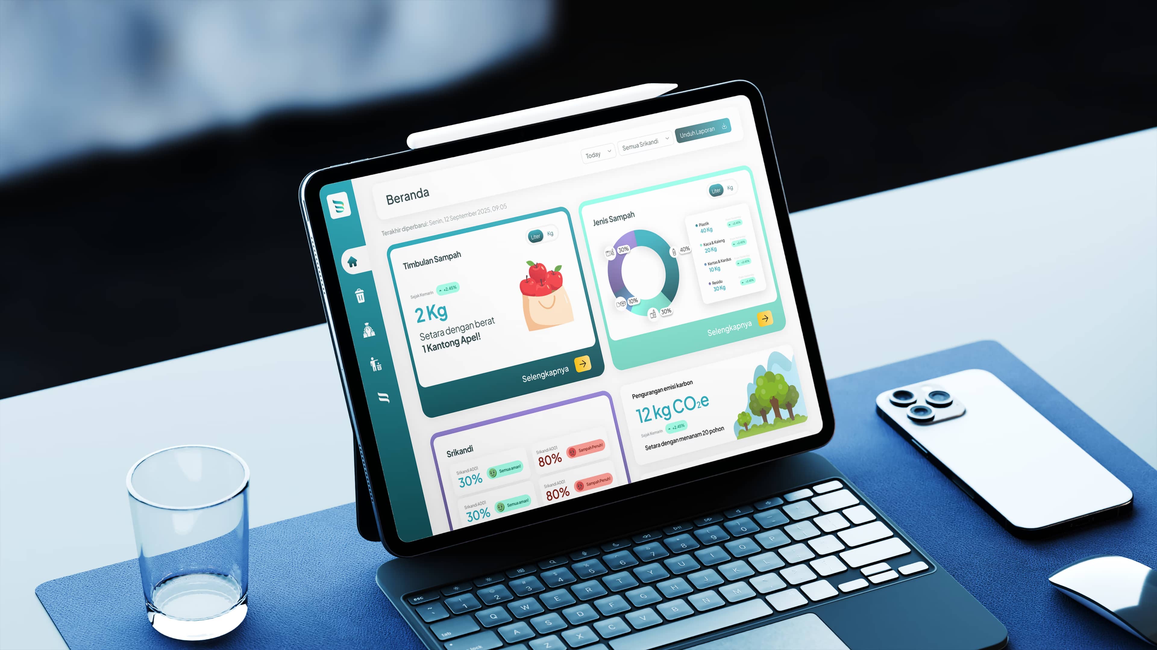 Tablet showing Sadewa app dashboard